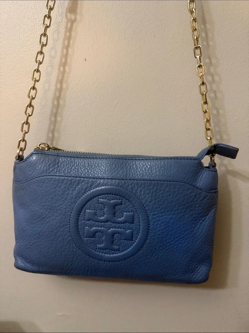 Tory Burch Cornflower Blue Leather Crossbody with Chain Strap